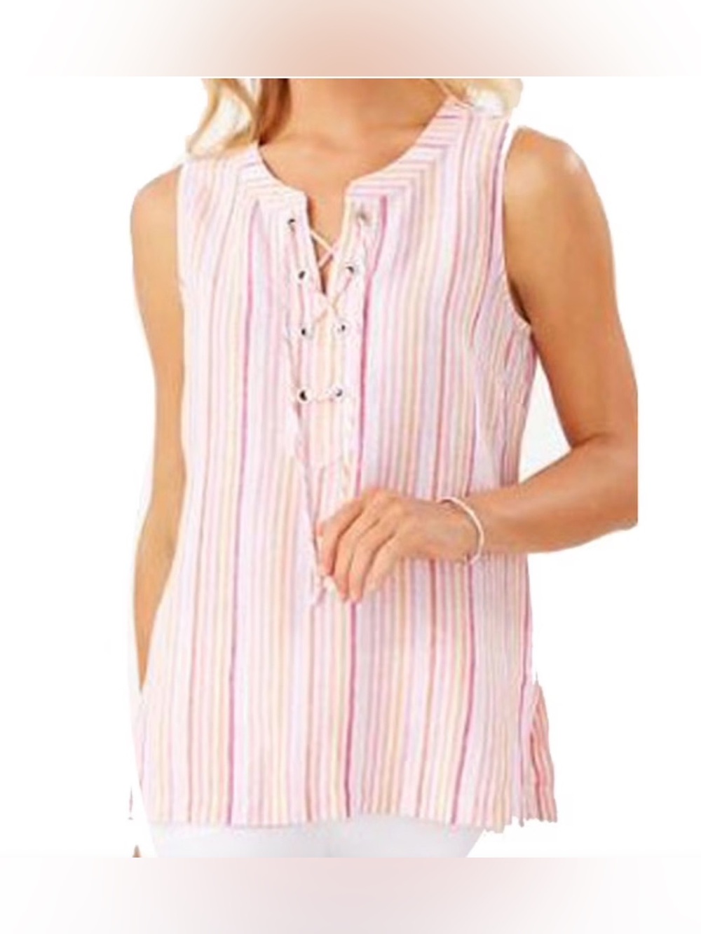 Tommy Bahama Pink & White Striped Lace-Up Sleeveless Tunic